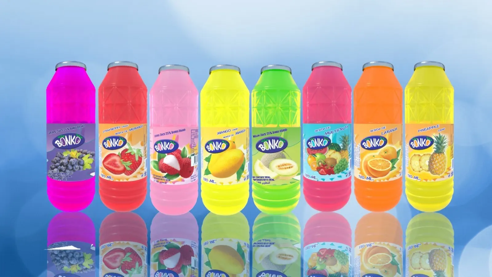 A row of bottled fruit drinks made in Thailand